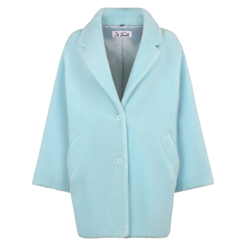 Cappotto da donna in tessuto teddy azzurro