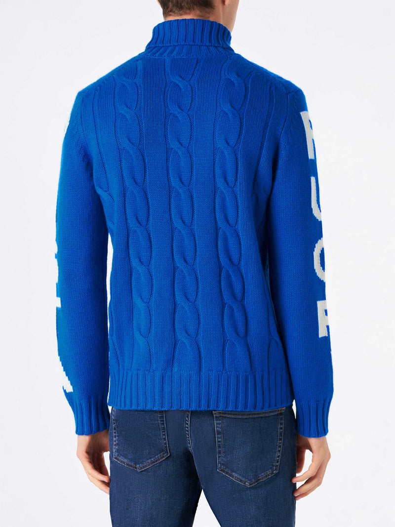 Man turtleneck braided sweater with Fuori pista print