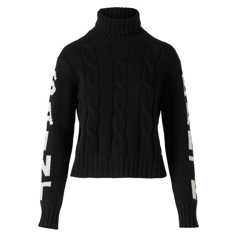 Woman black turtleneck braided sweater