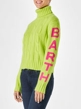 Woman fluo yellow turtleneck braided sweater