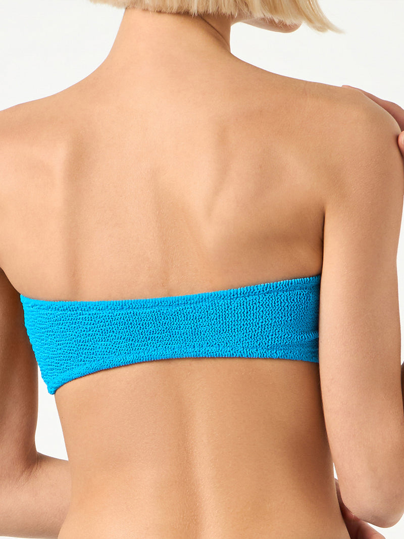 Woman dust blue crinkle bandeau top with knot