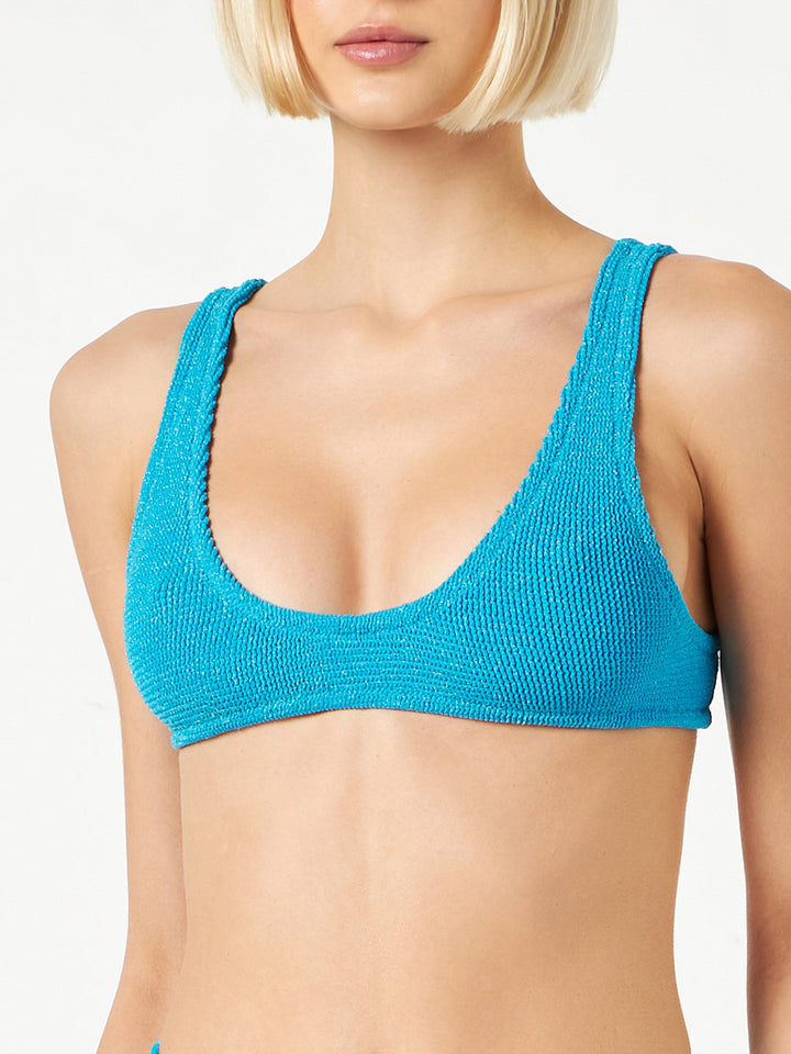 Woman light blue lurex crinkle bralette swimsuit