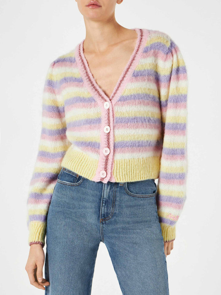 Cardigan crop in maglia garzata con maniche a sbuffo e dettagli in lurex
