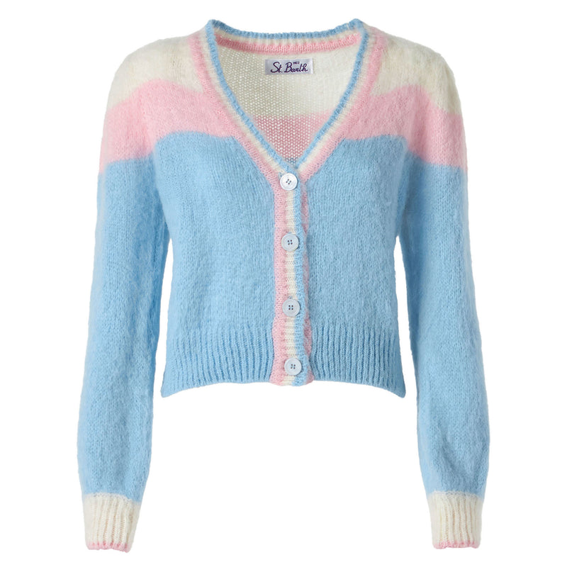 Brushed knit crop cardigan with puff sleeves