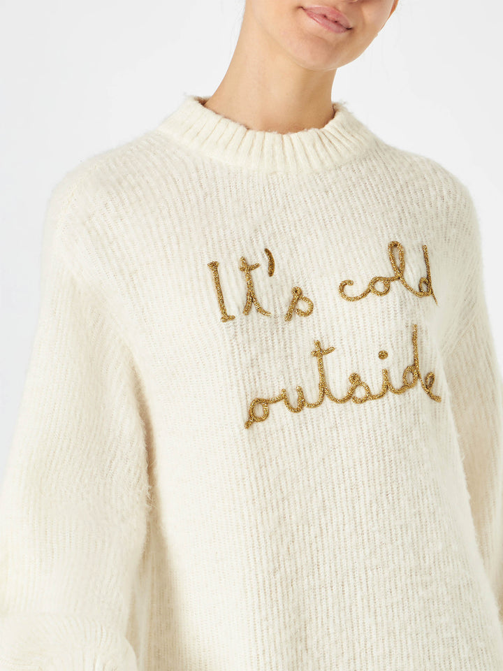 Kleid aus gebürstetem Strick mit „It's cold Outside“-Stickerei