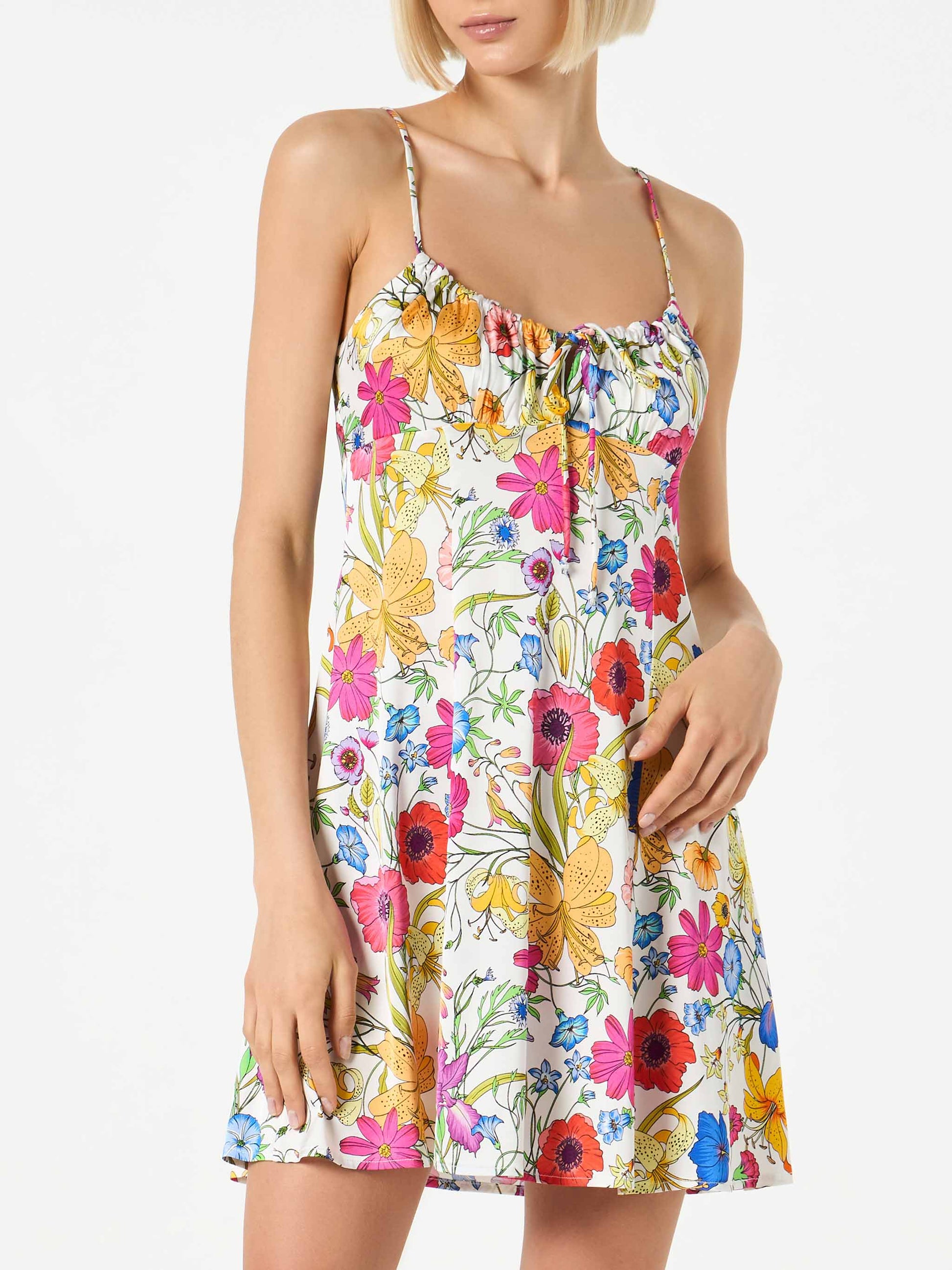 Woman short slip dress Creamy with flower print - MC2 Saint Barth