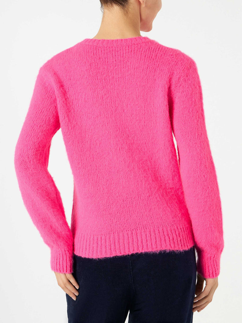 Woman fluo pink brushed sweater with Adorooo print