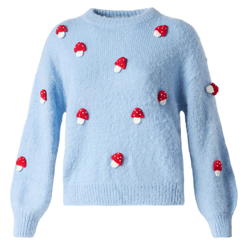 Woman brushed crewneck sweater with mushroom appliqué