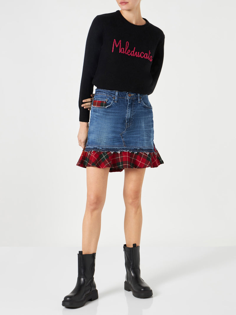 Woman vintage jeans skirt with tartan details