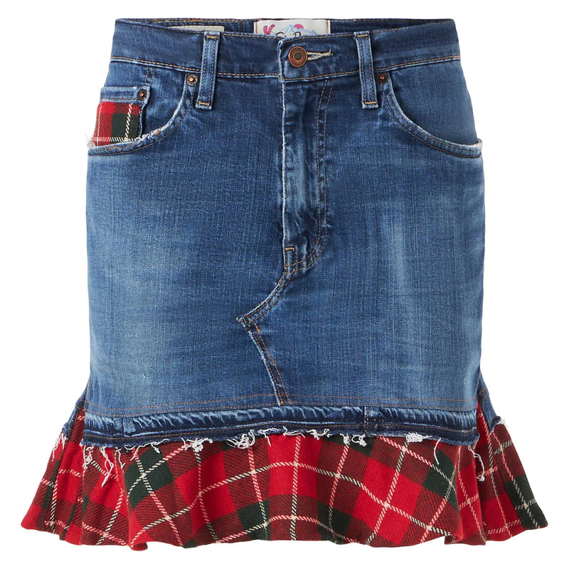 Woman vintage jeans skirt with tartan details