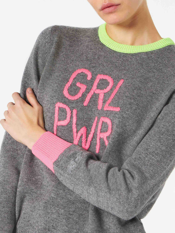 Woman grey sweater GIRL PWR fluo embroidery and fluo details