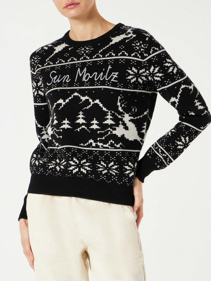 Woman sweater with Norwegian style print and Sun Moritz embroidery
