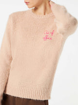 Woman beige brushed sweater with embroidery