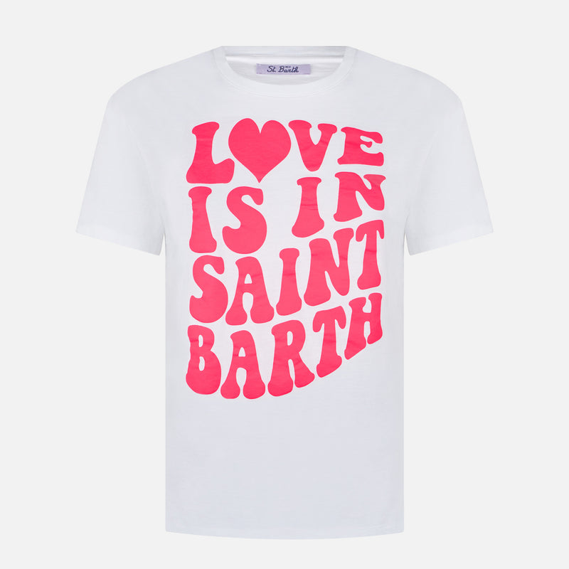 T-shirt da donna in cotone con scritta Love is in Saint Barth