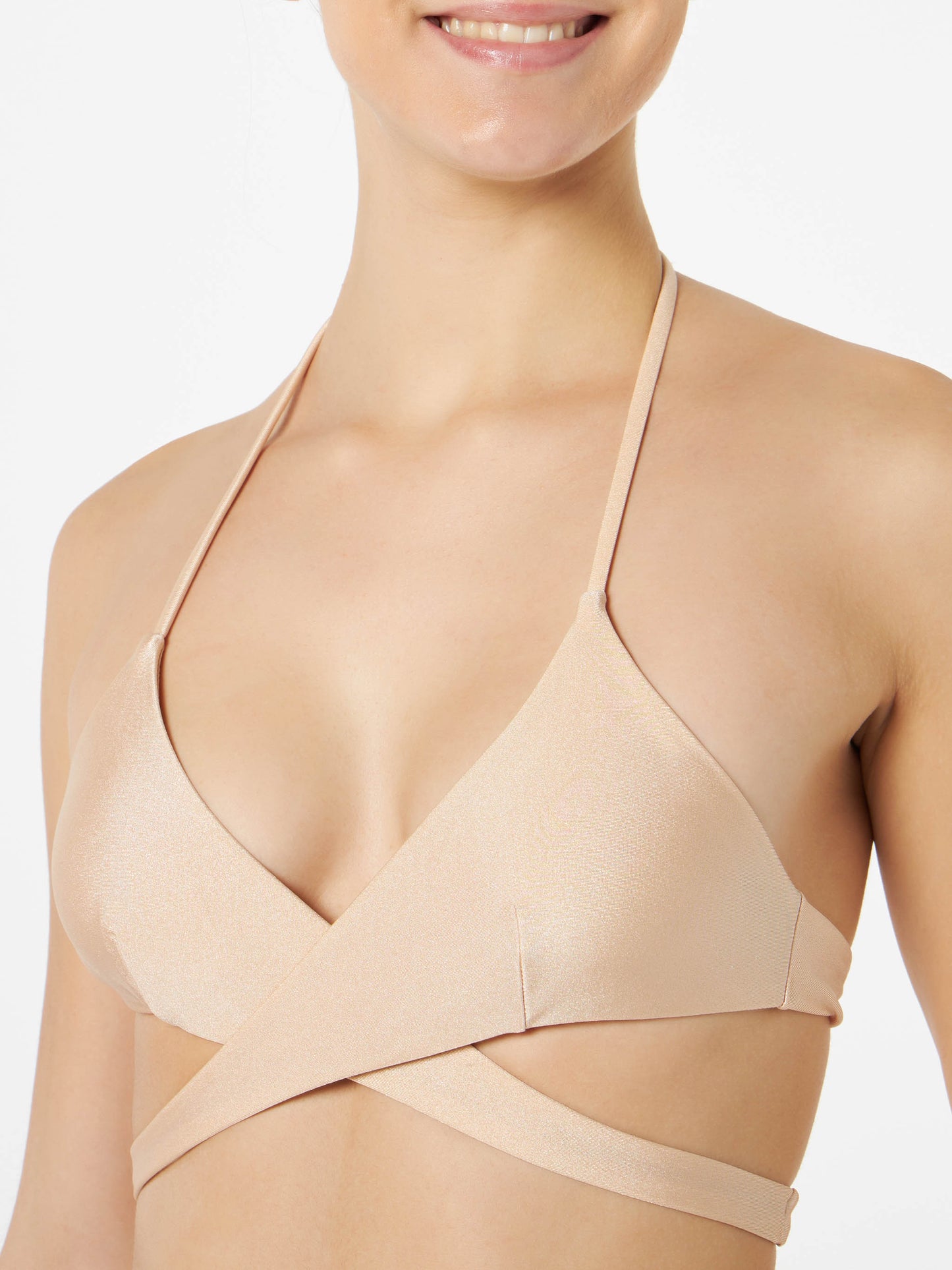 Top a triangolo avvolgente da donna beige lucido